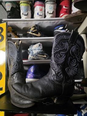 🔥 Olathe Boot Co. Black Bullhide Western Cowboy Boots Blue Stitch Men Size 9.5